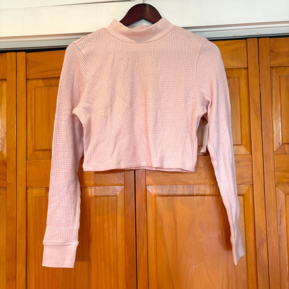 NWT BP Waffle Cropped Long Sleeve Mock turtleneck Shirt Dusty Rose Pink Size L